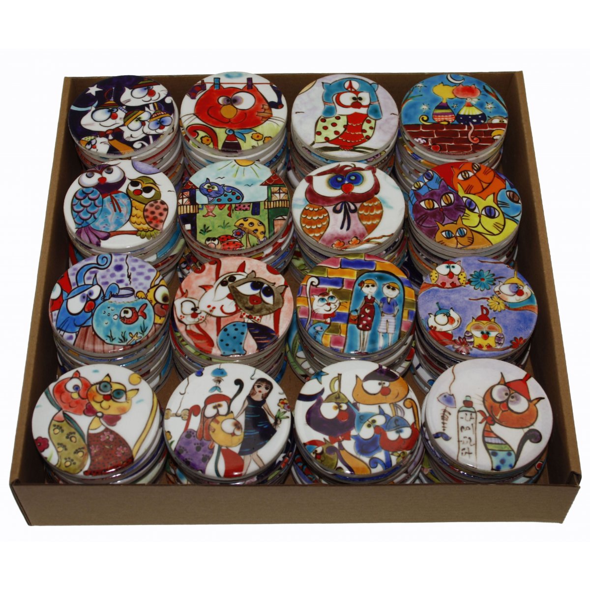 Kedi Ve Baykuş Dekorlu Karma Seramik Baskı Magnet 6 Cm Kutu Ad.160