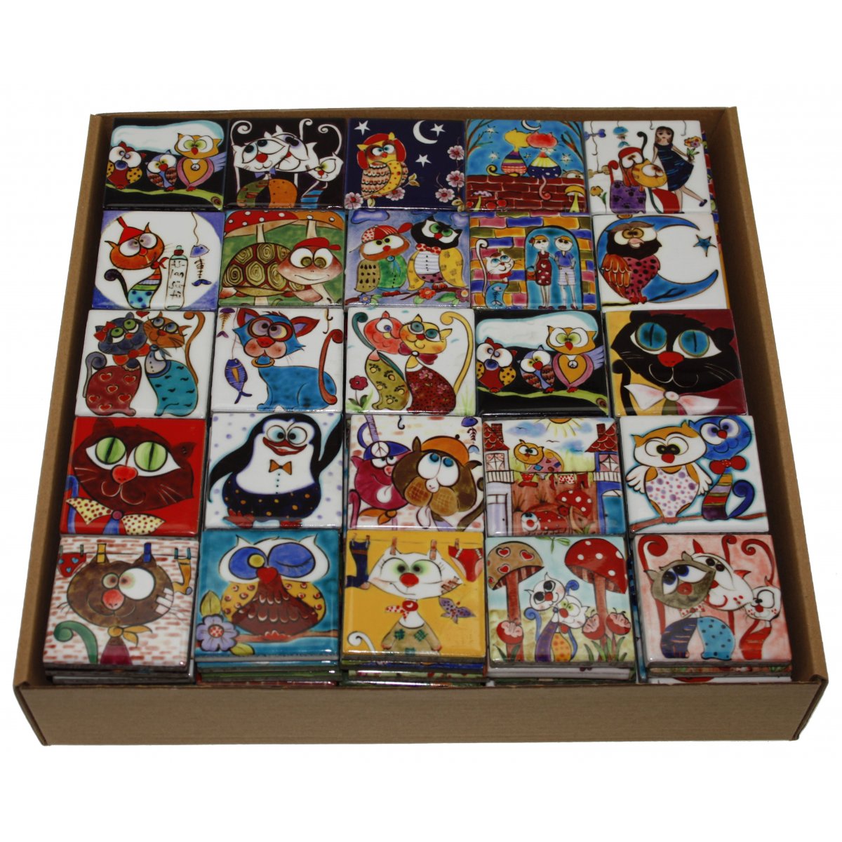 Kedi Ve Baykuş Dekorlu Karma Seramik Baskı Magnet 5x5 Cm Kutu Ad.200  