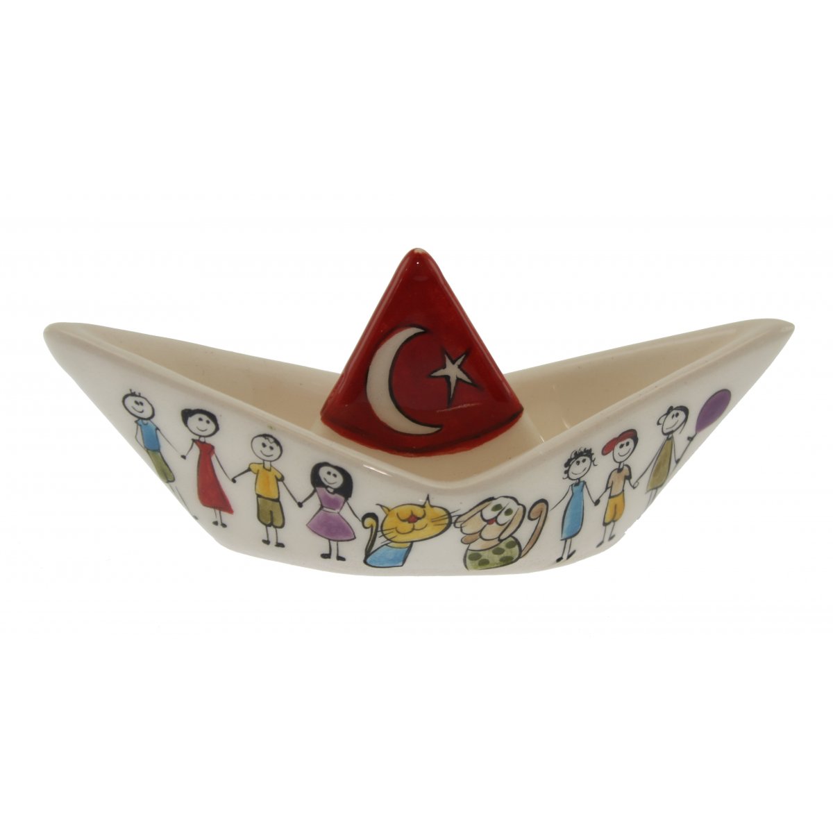Türk Bayraklı Ve Aile Dekorlu Çini Gemi Biblo 6x10 Cm 