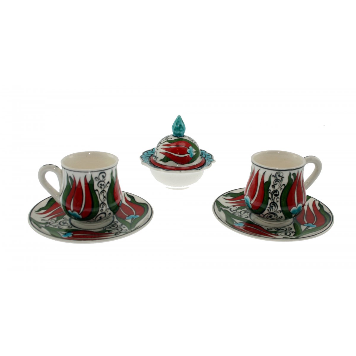 Lale Dekorlu Ve Lokumluklu 2 Li Çini Kahve Fincan Seti 5x8 Cm