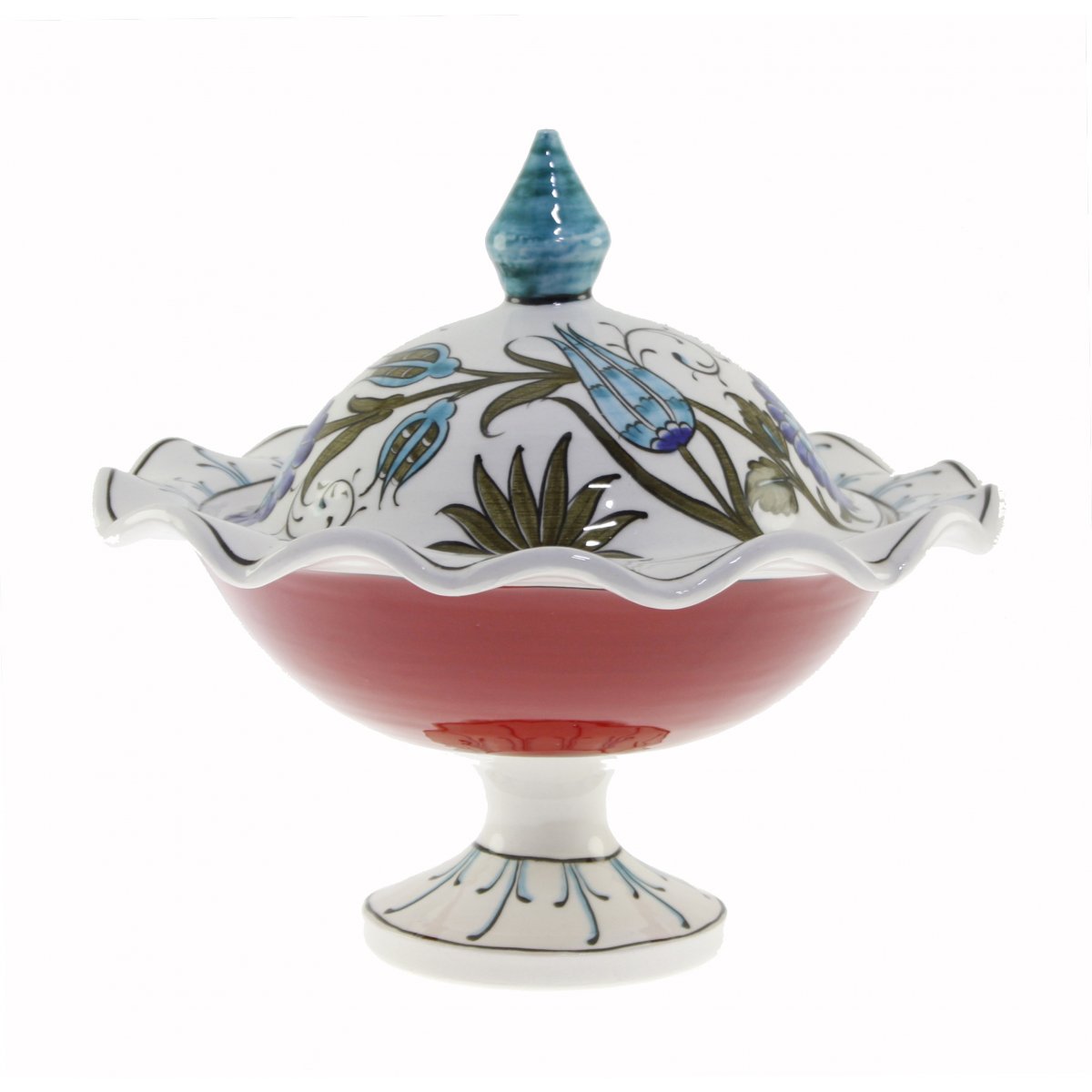 Turkuaz Lale Dekorlu Dekoratif Çini Şekerlik 21x30 Cm 