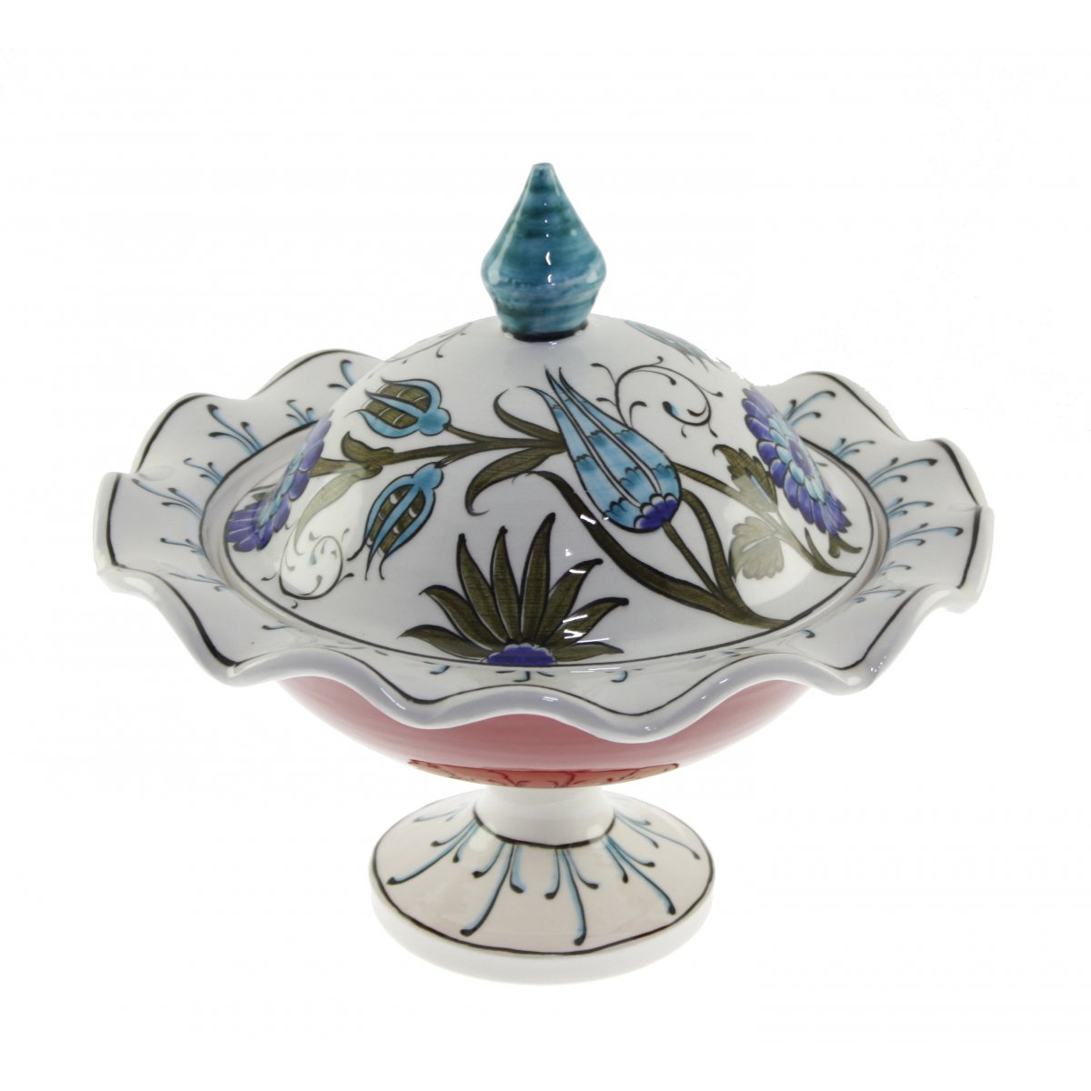 Turkuaz Lale Dekorlu Dekoratif Çini Şekerlik 21x30 Cm 