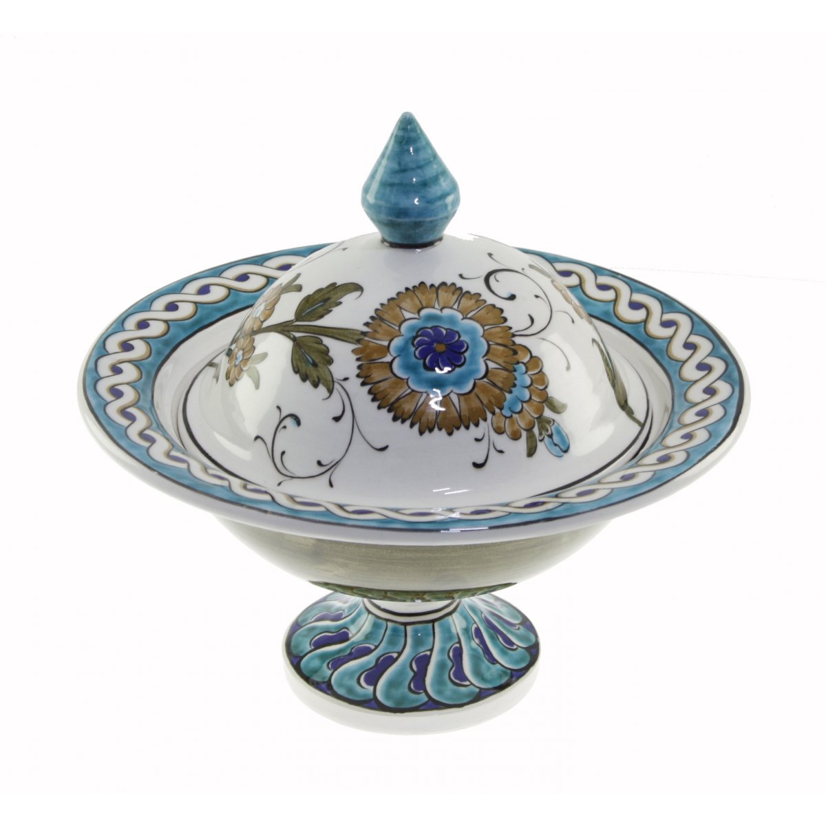 Turkuaz Şam İşi Dekorlu Dekoratif Çini Şekerlik 21x30 Cm 