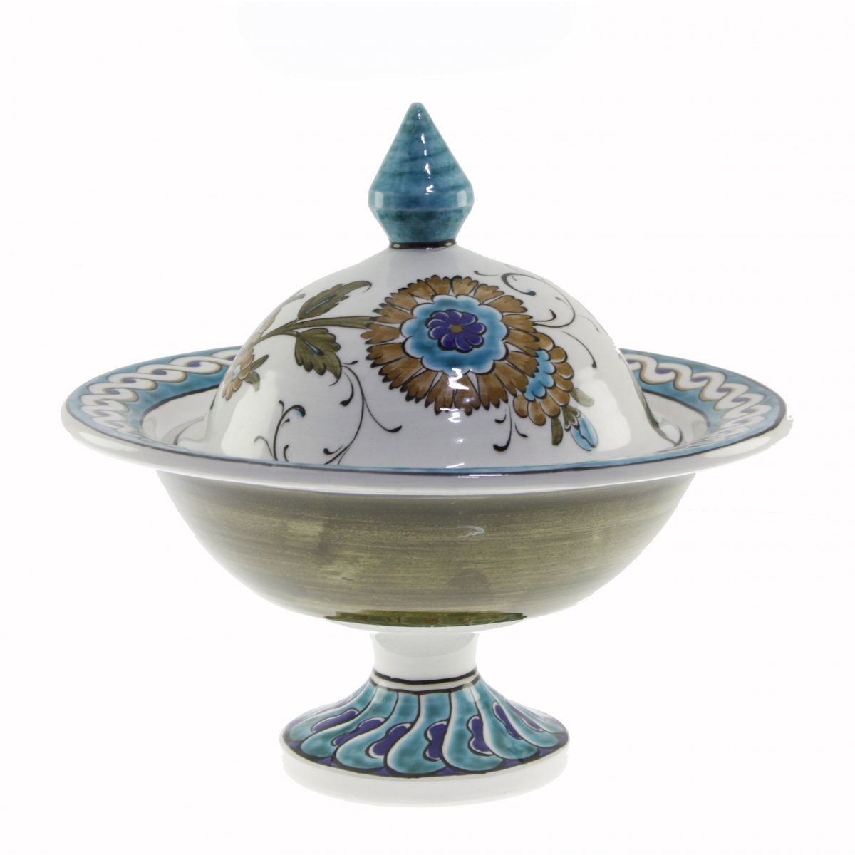 Turkuaz Şam İşi Dekorlu Dekoratif Çini Şekerlik 21x30 Cm 