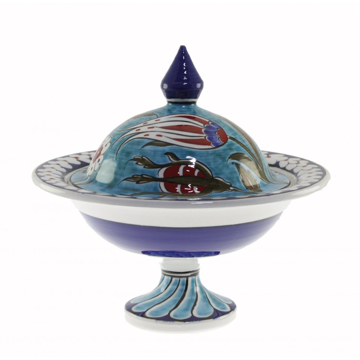 Turkuaz Zemin Lale Dekorlu Dekoratif Çini Şekerlik 21x30 Cm 