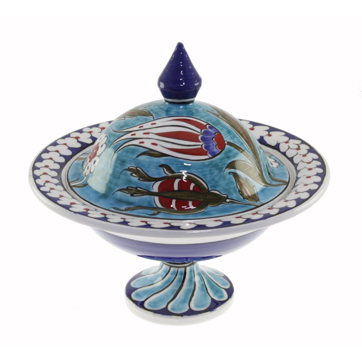 Turkuaz Zemin Lale Dekorlu Dekoratif Çini Şekerlik 21x30 Cm 