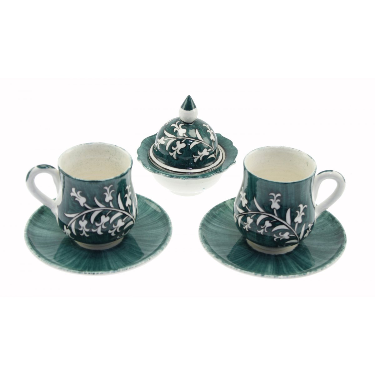 Yeşil Zemin Lale Dekorlu Ve Lokumluklu 2 Li Çini Kahve Fincan Seti 5x8 Cm
