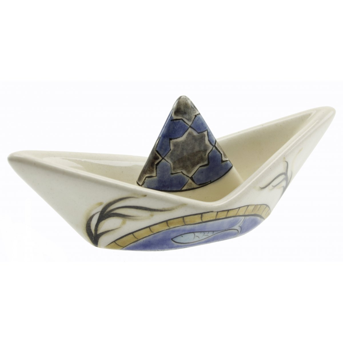 Balık Ve Selçuklu Yıldızı Dekorlu Seramik Gemi Biblo Kase 6x13 Cm