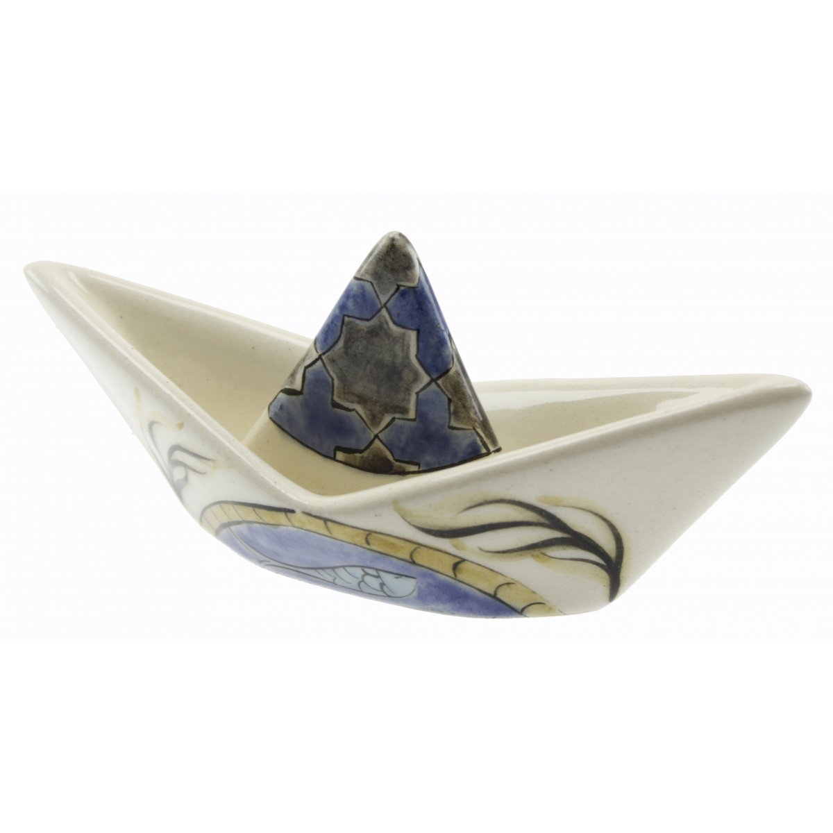 Balık Ve Selçuklu Yıldızı Dekorlu Seramik Gemi Biblo Kase 6x13 Cm