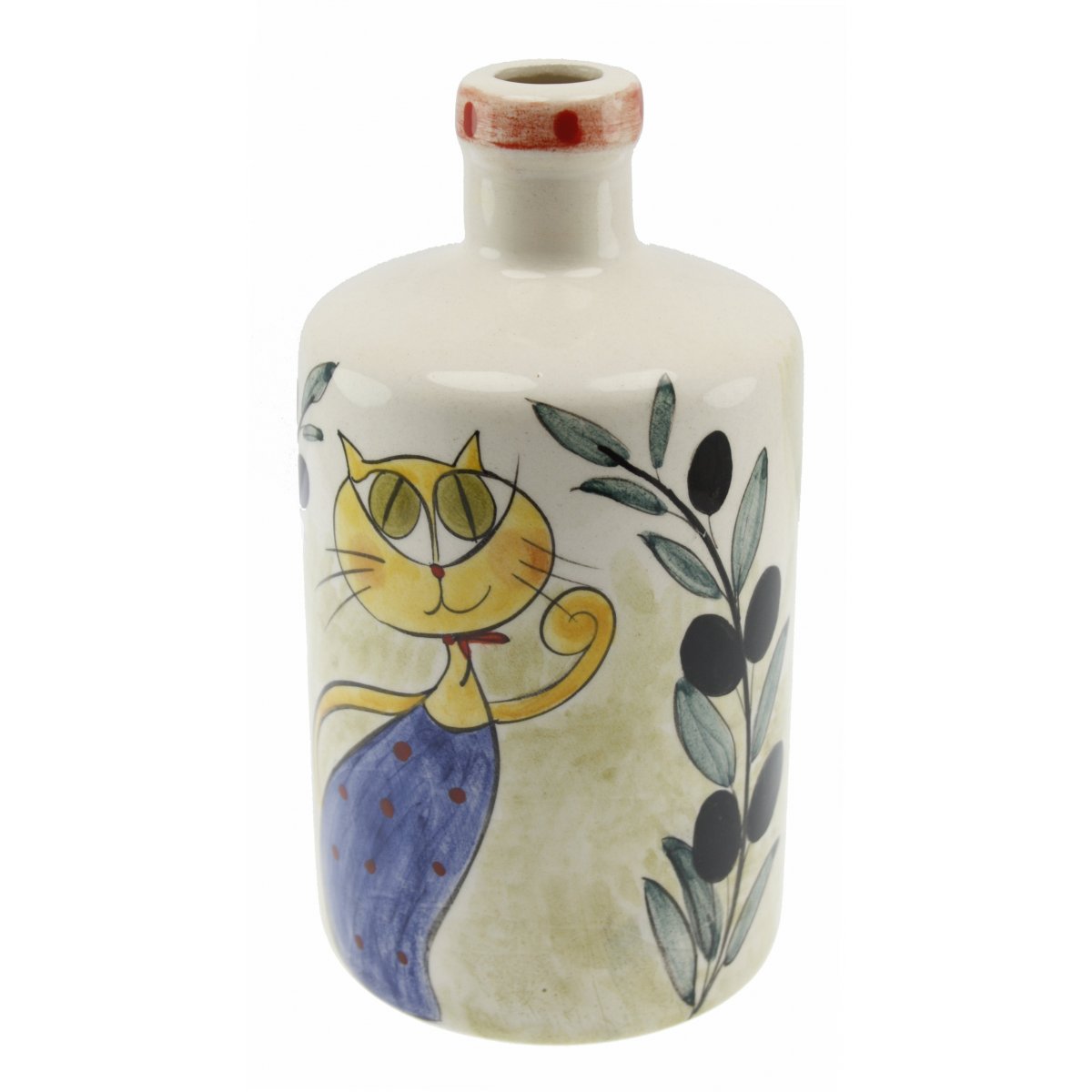 Zeytin Dalı Ve Kedili Dekorlu Seramik Zeytin Yağı Şişesi 500 Gr 10x17 Cm 