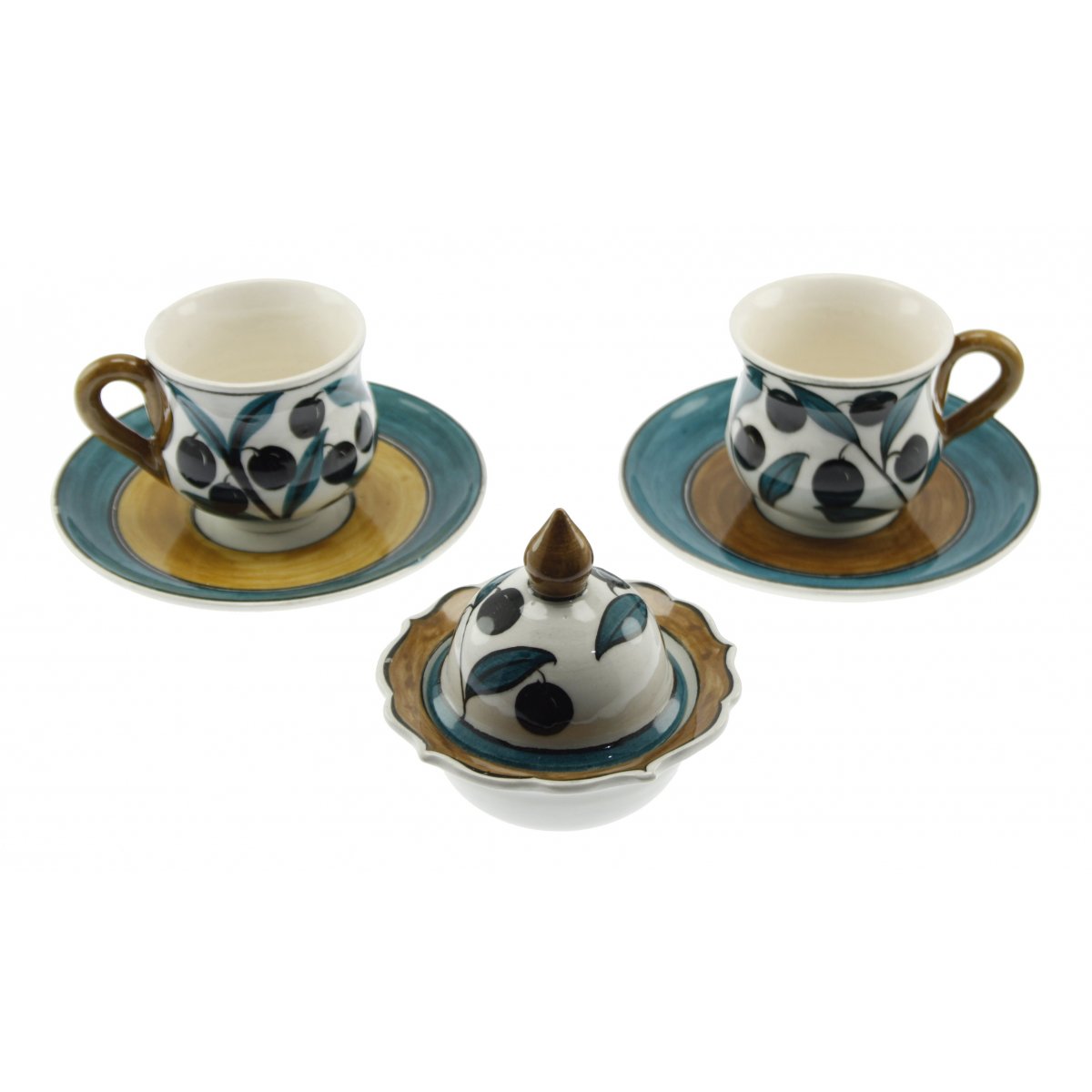 Zeytin Ve Zeytin Dalı Dekorlu Ve Lokumluklu 2 Li Çini Kahve Fincan Seti 5x8 Cm