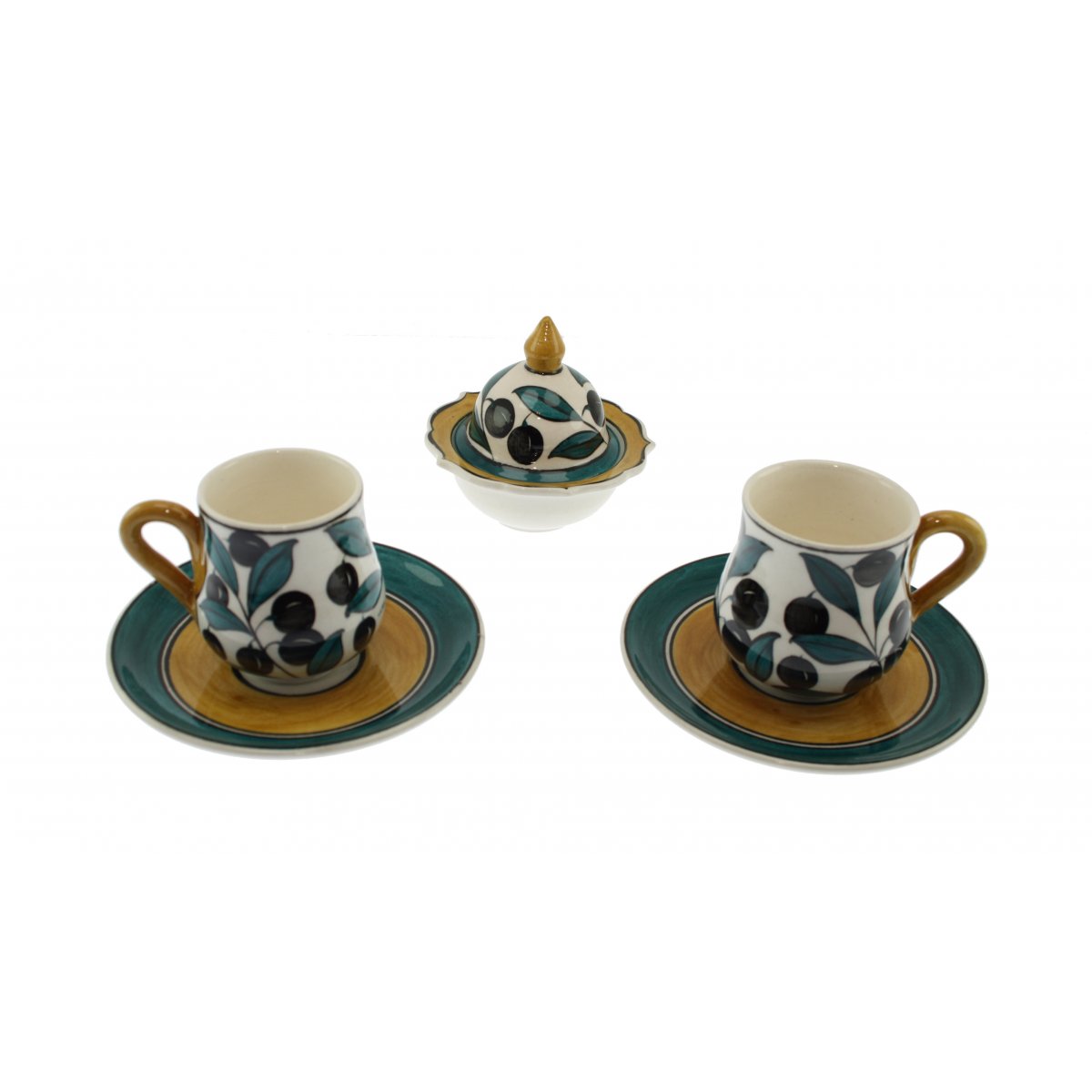 Zeytin Ve Zeytin Dalı DekorluVe Lokumluklu 2 Li Çini Kahve Fincan Seti 5x8 Cm