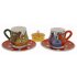 Turuncu Ve Yeşil Kulplu Sevimli Kediler Dekorlu Ve Lokumluklu 2 Li Çini Kahve Fincan Seti 5x8 Cm