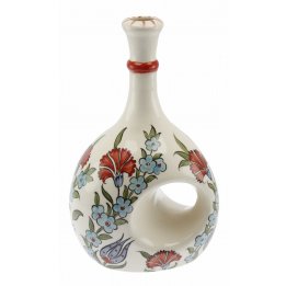 Kırmızı Karanfil Mavi Hayat Ağacı Dekorlu Seramik Zeytin Yağı Şişesi 500 Gr 14x20 Cm 