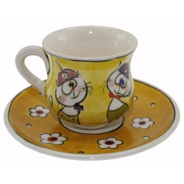 Hardal Zemin Hunili Kediler Dekorlu Kişiye Özel Çini Kahve Fincanı 5x8 Cm 