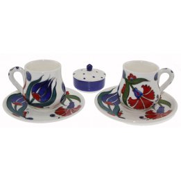 Lale Ve Karanfil Dekorlu Ve Lokumluklu 2 Li Çini Kahve Fincan Seti 5x8 Cm