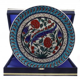 Mavi Lale Ve Kırmızı Narçiçeği Dekorlu Çini Dekoratif Kadife Kutulu Kurumsal Tabak 30 Cm 